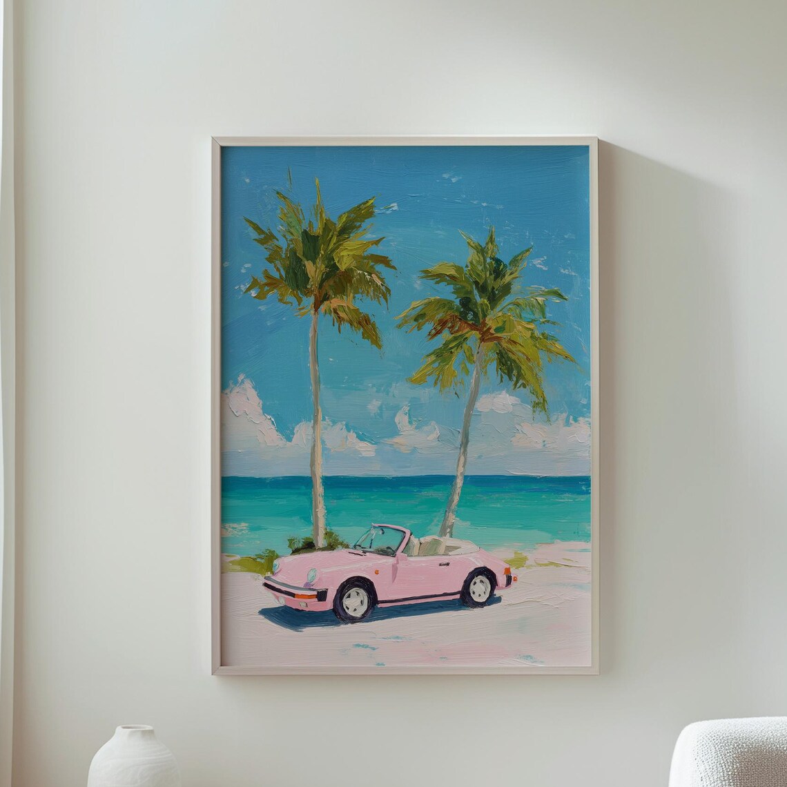 Mid Century Decor Palm Leaf Print Wall Art Tropical Home Ocean View Trees Vintage Car Artwork