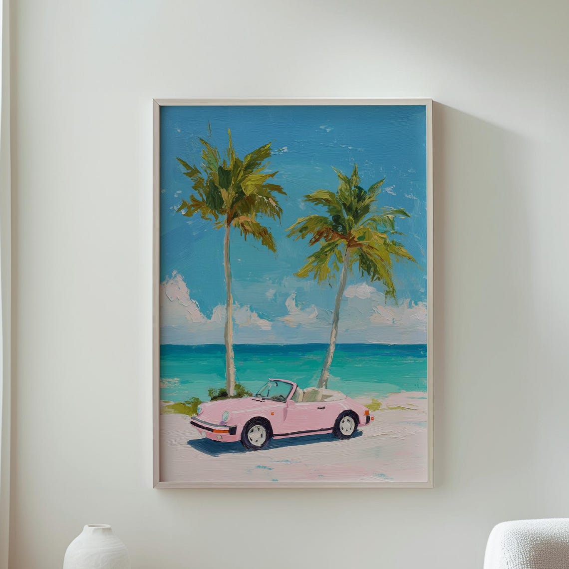 Pink Vintage Convertible Car Tropical Beach Palm Trees Art Poster
