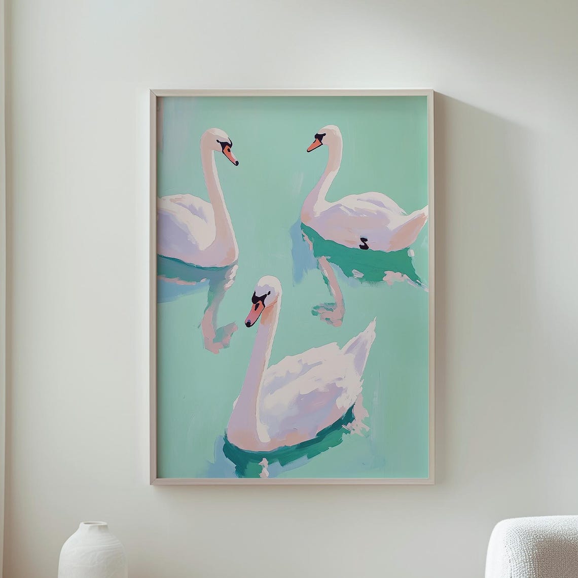 Three White Swans Swimming Mint Water Modern Painting Poster