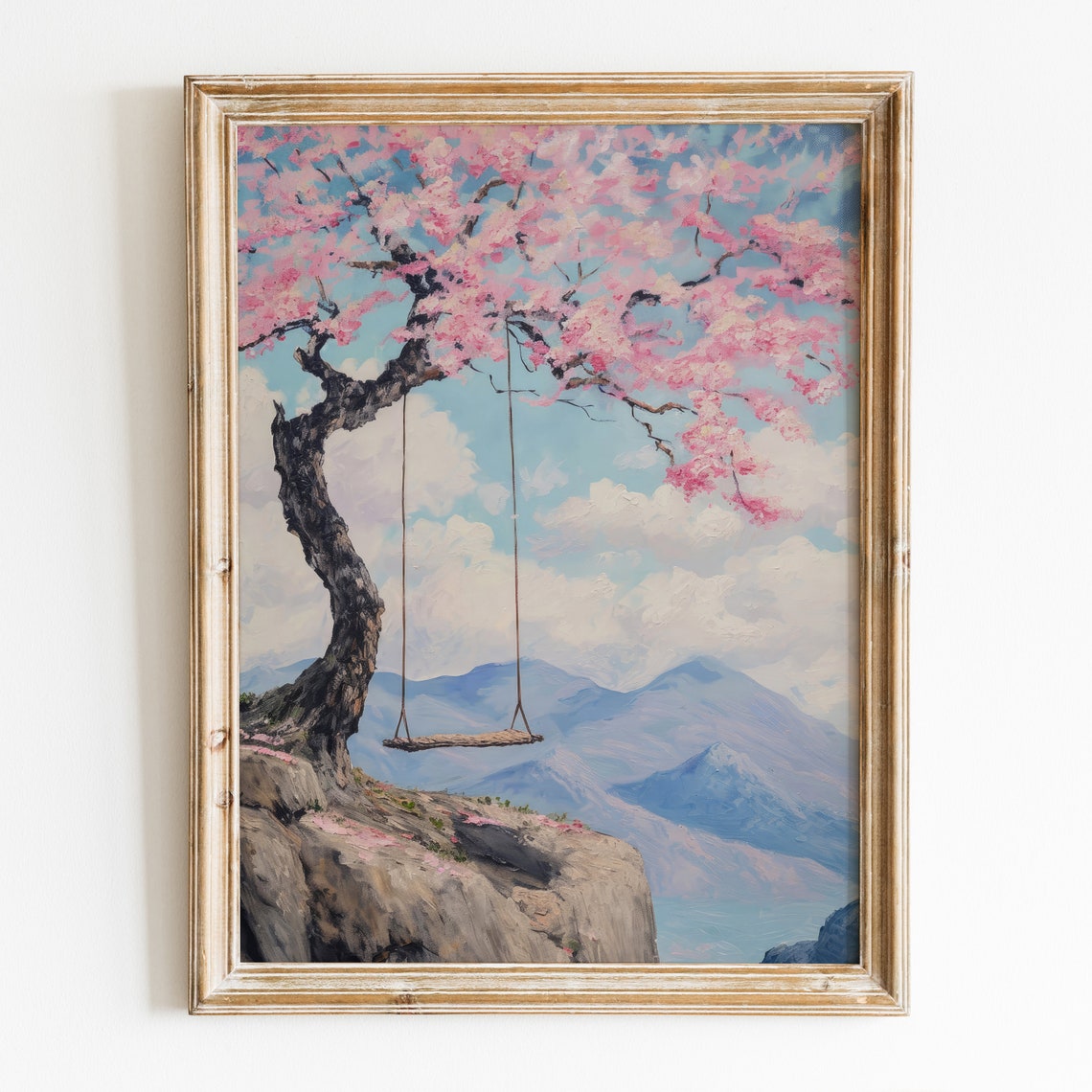 Cherry Blossom Tree Swing Mountain View Spring Pink Floral Art Print