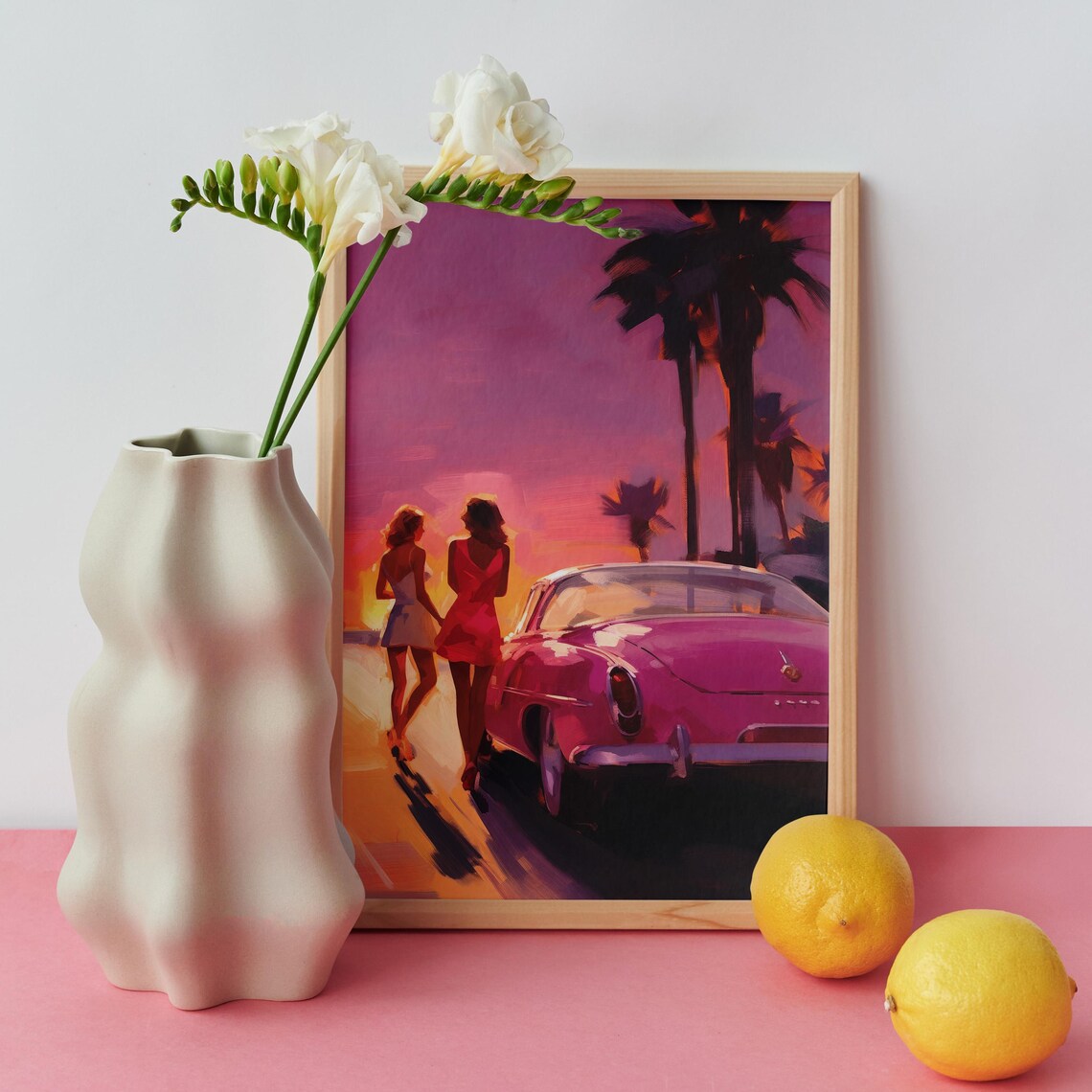Palm Springs Sunset Magenta Pink Vintage Car Women Wall Art Print - Image 4