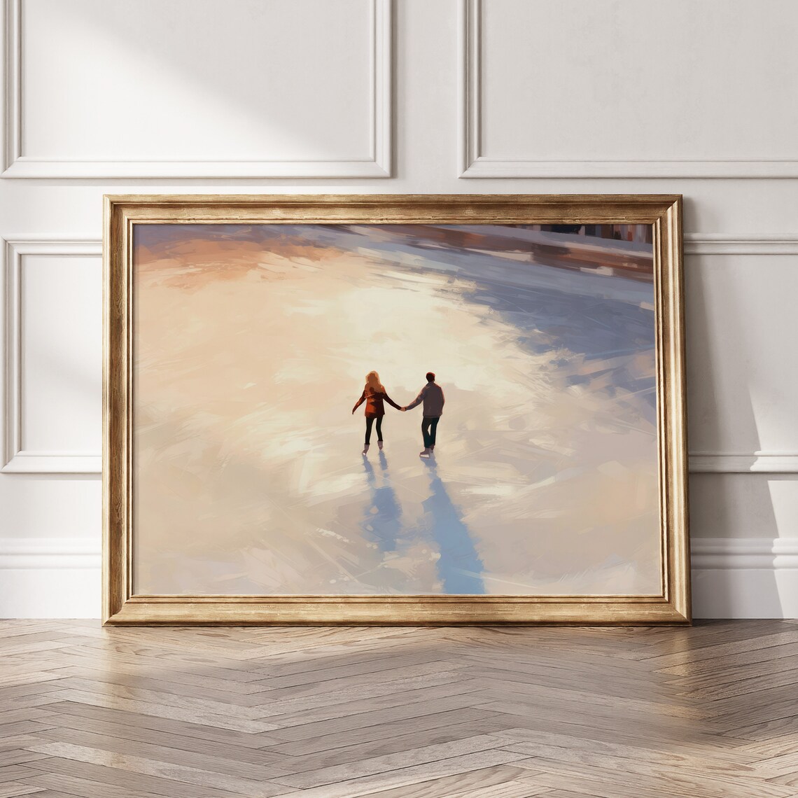 Romantic Couple Ice Skating Golden Sunset Winter Painting Wall Art - Image 4