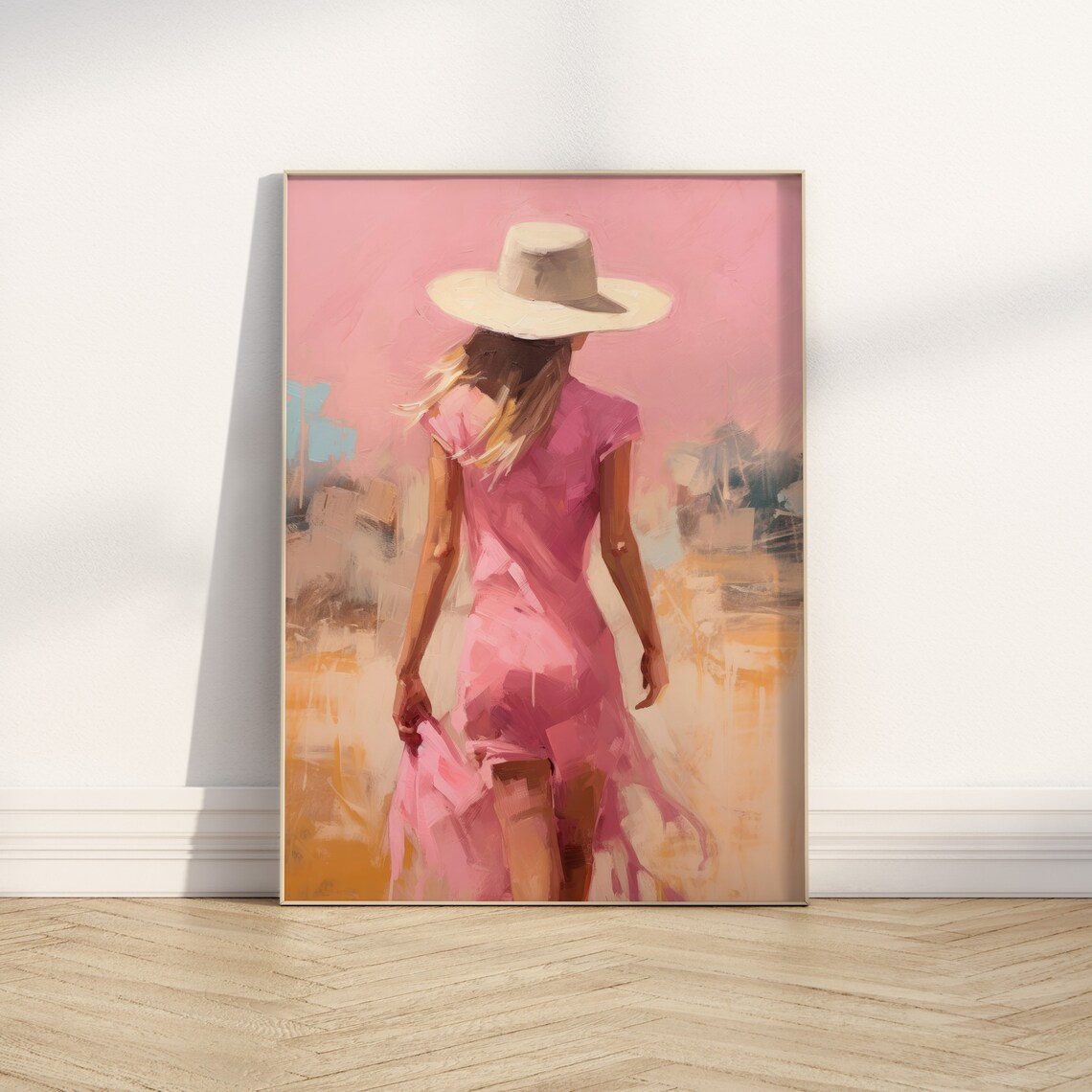 Woman in Pink Dress White Sunhat Walking Abstract Oil Painting Poster - Image 6