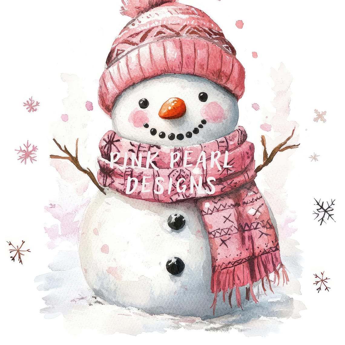 Cute Pink Snowman Watercolor Winter Christmas Wall Art Poster - Image 2