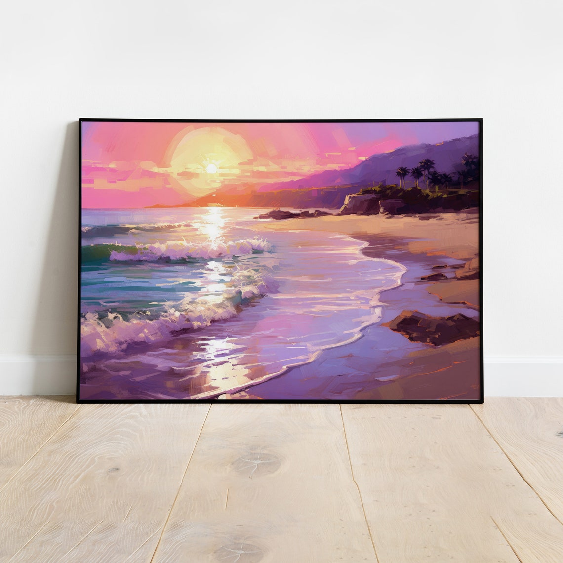 California Beach Sunset Pink Ocean Waves Palm Shore Travel Poster - Image 4
