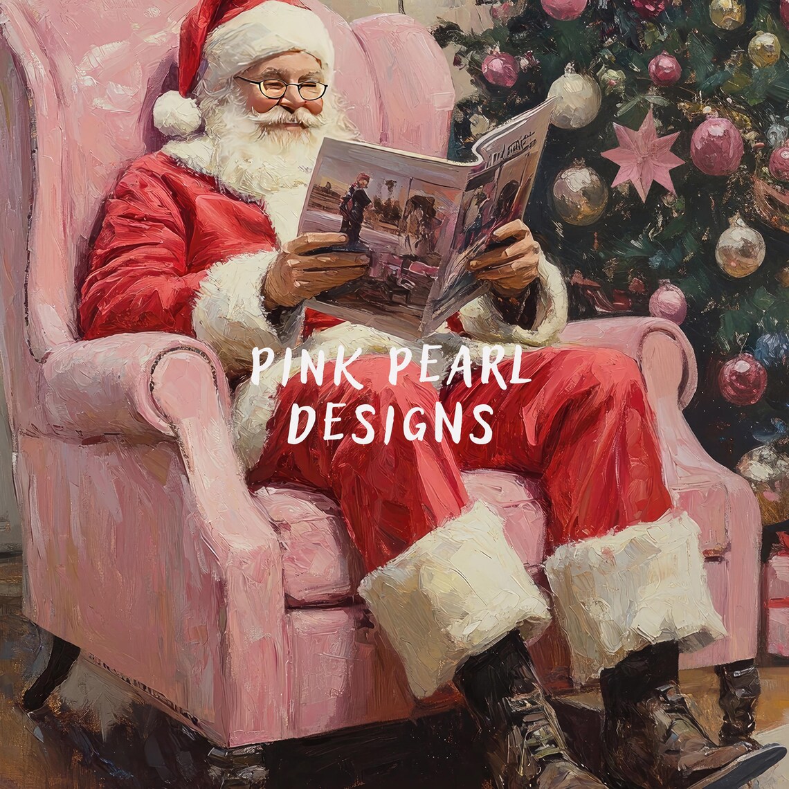 Santa Claus Reading By Christmas Tree Pink Armchair Art Poster - Image 2