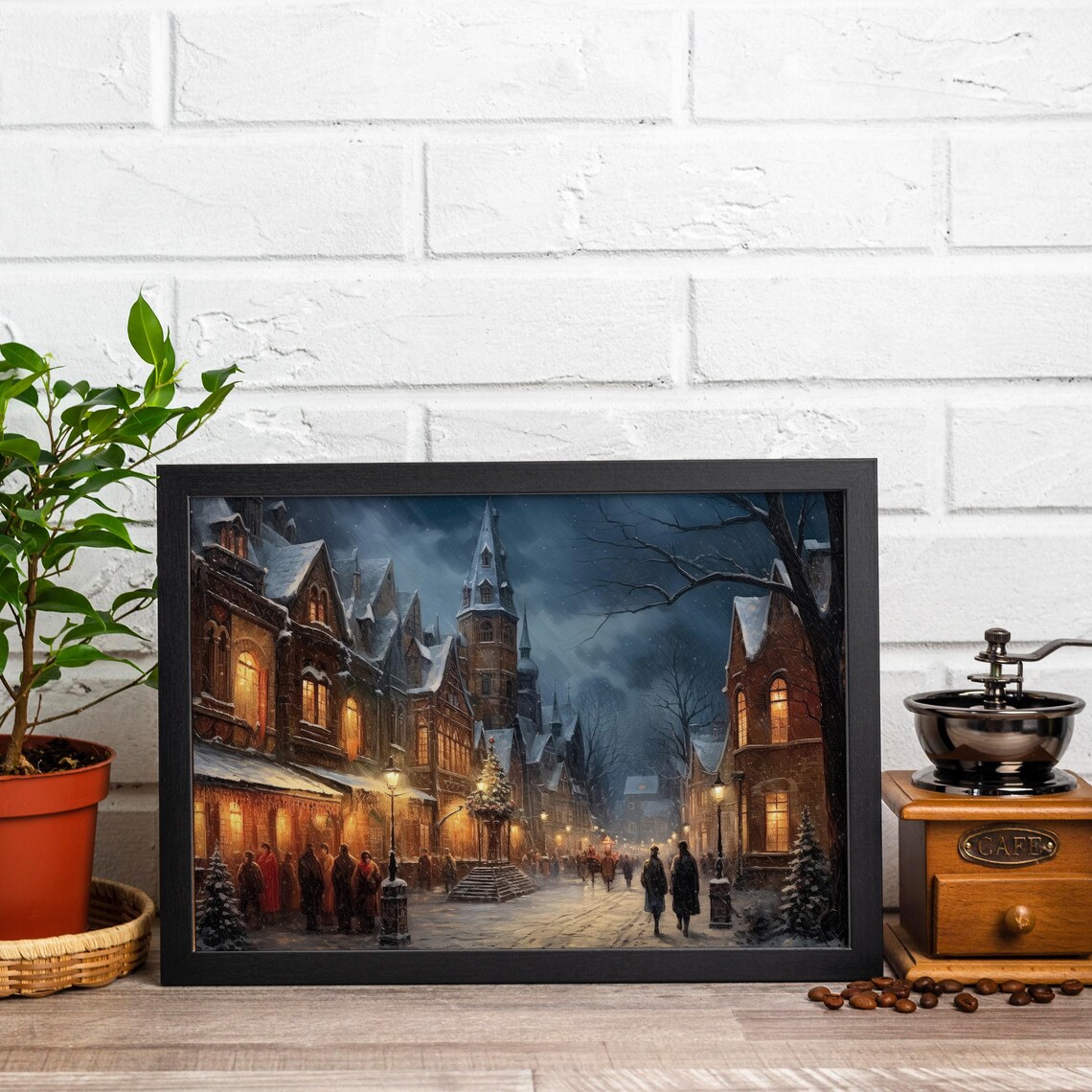 Moody European Old Town Christmas Night Market Wall Art Poster - Image 3