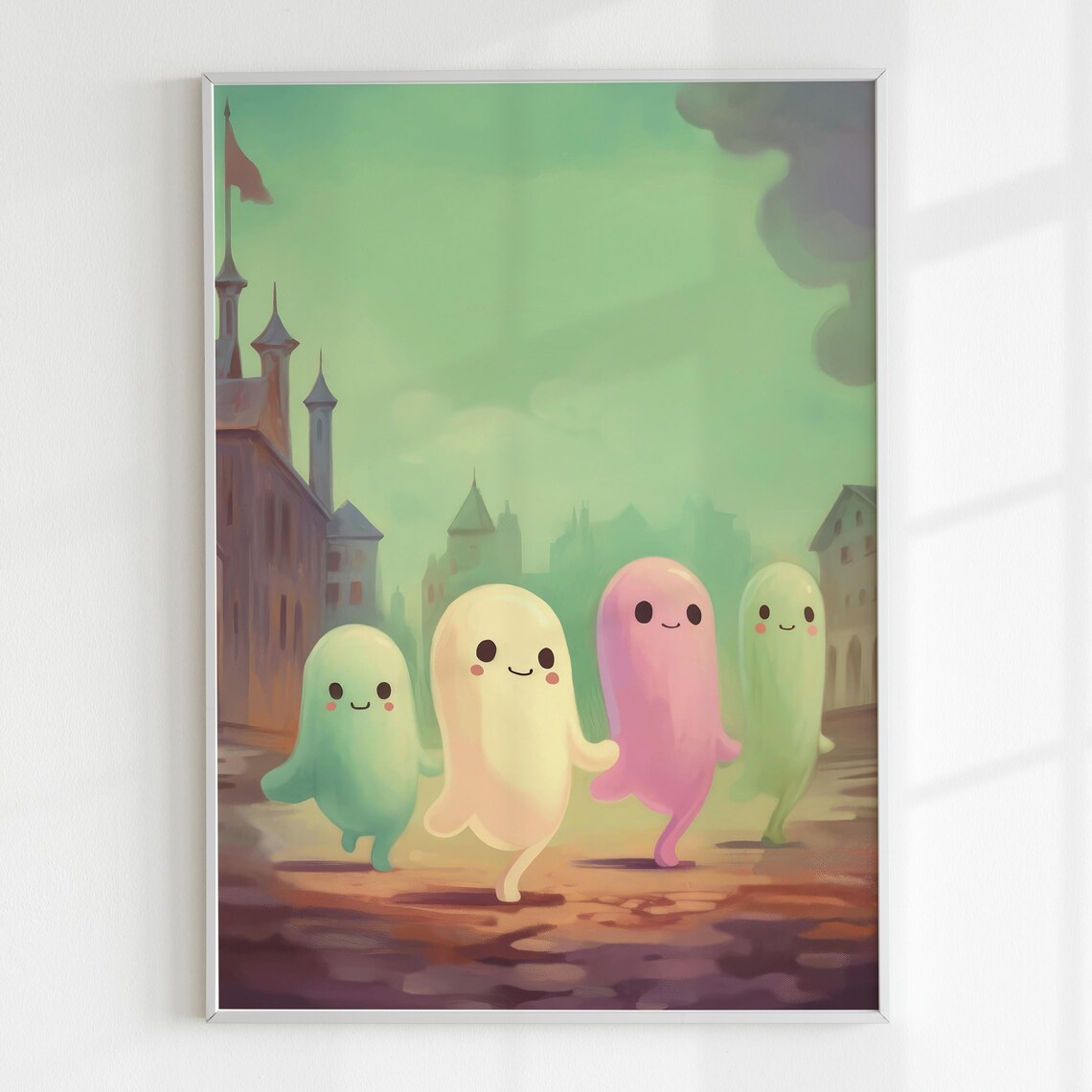 Cute Pastel Ghosts Walking Old Town Square Halloween Nursery Kids Wall Poster - Image 5