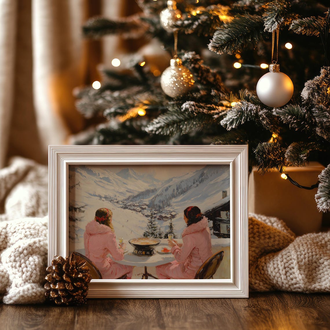 Two Friends Sharing Fondue Overlooking Alpine Valley Ski Poster - Image 3