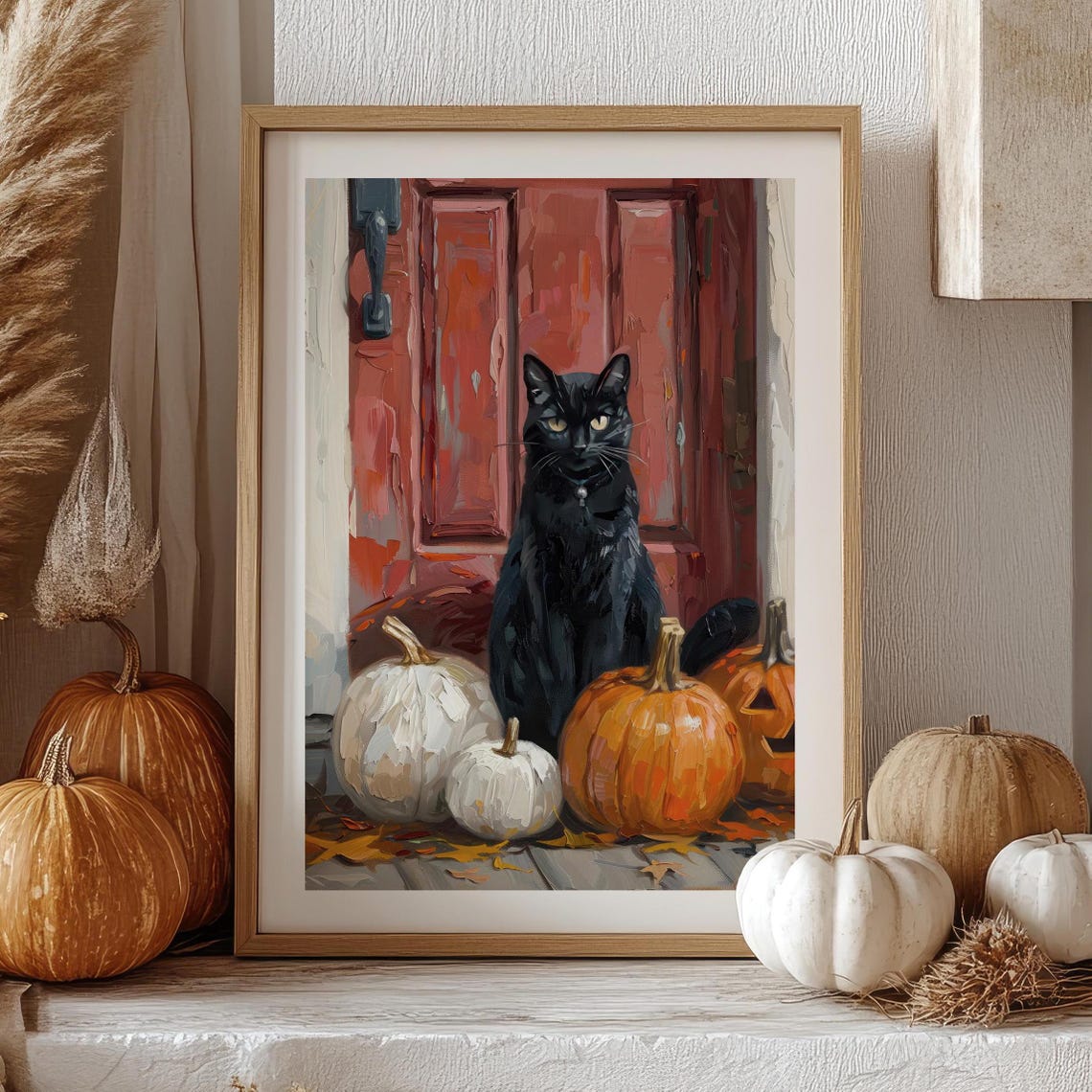 Black Cat With Pumpkins At Red Door Halloween Wall Art Poster