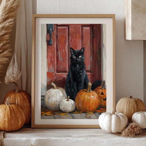 Black Cat With Pumpkins At Red Door Halloween Wall Art Poster