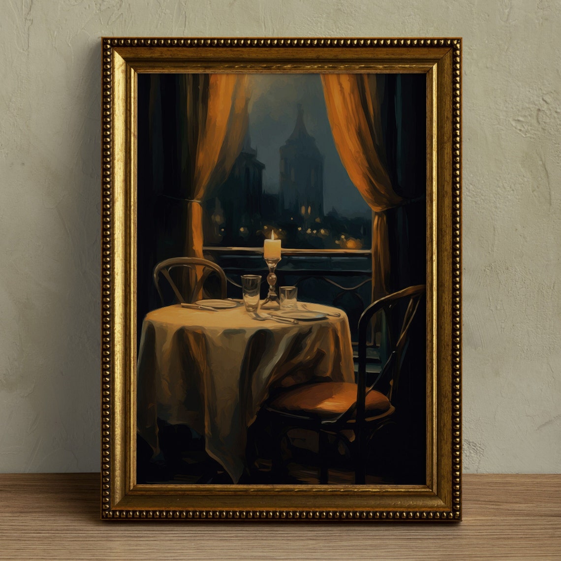 Romantic Candlelit Dinner Table Night City Window Vintage Oil Print - Image 5