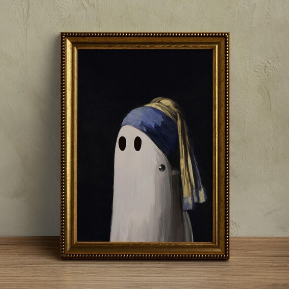 Cute Ghost With A Pearl Earring Funny Halloween Wall Art Print