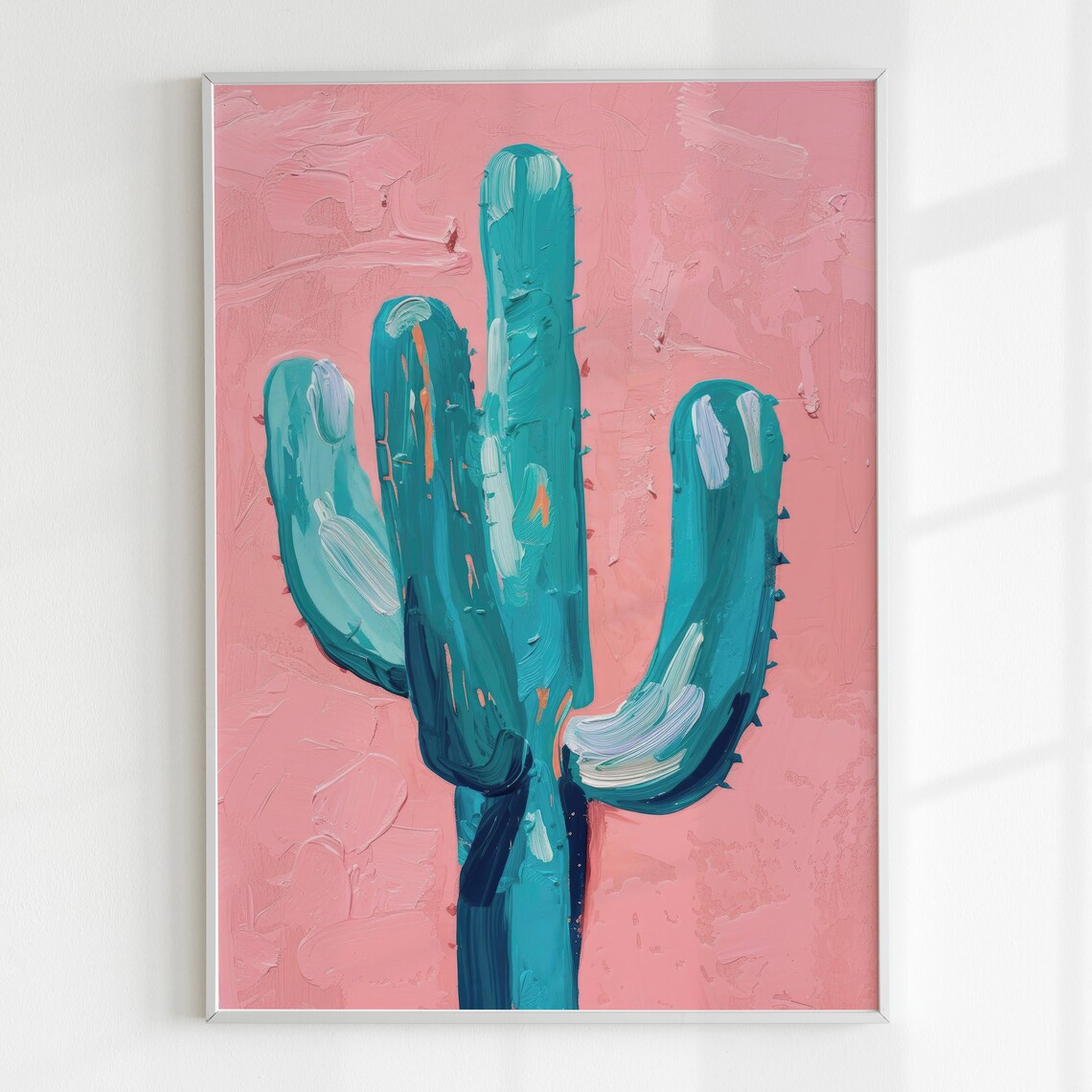 Teal Saguaro Cactus Pink Desert Background Oil Painting Poster - Image 5