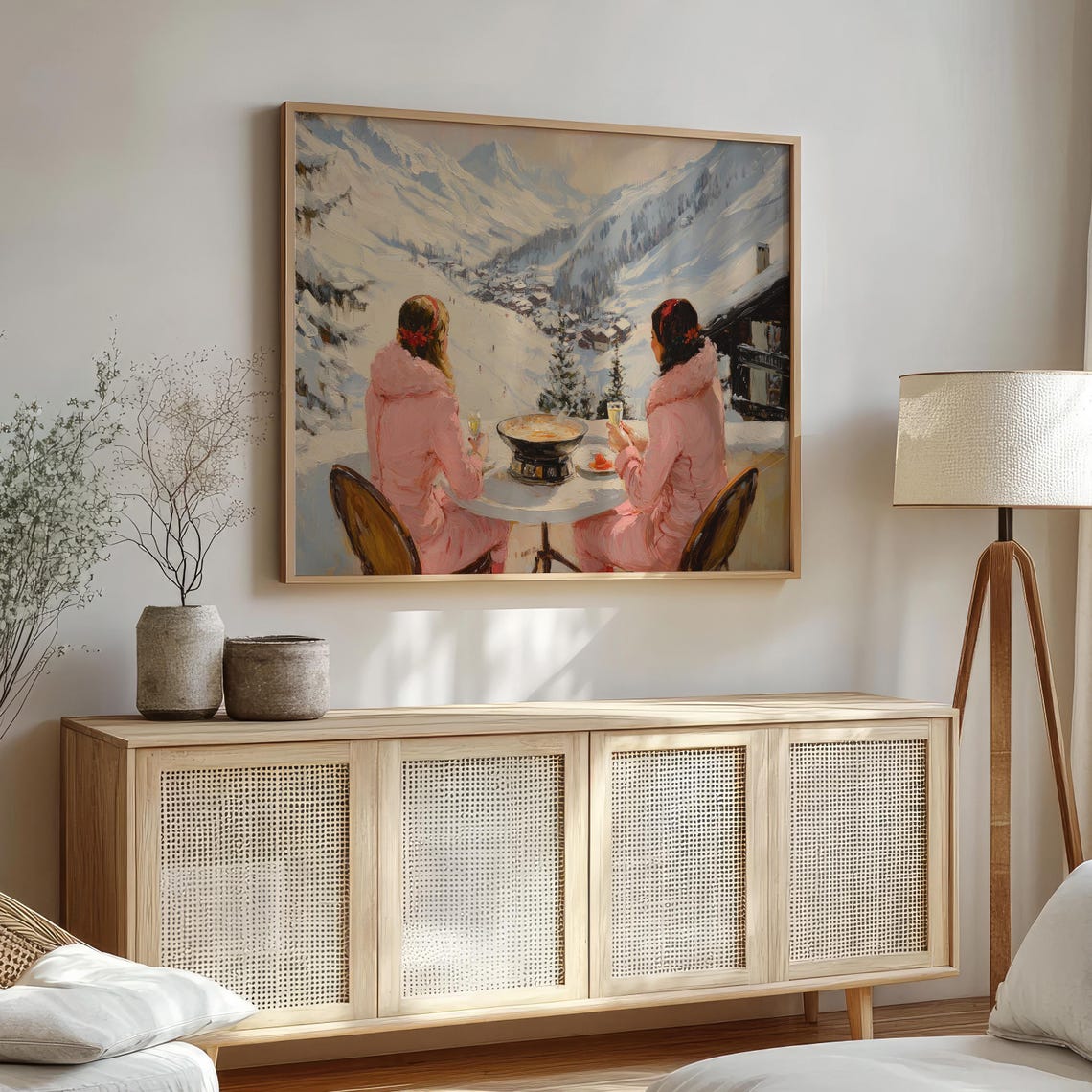 Two Friends Sharing Fondue Overlooking Alpine Valley Ski Poster