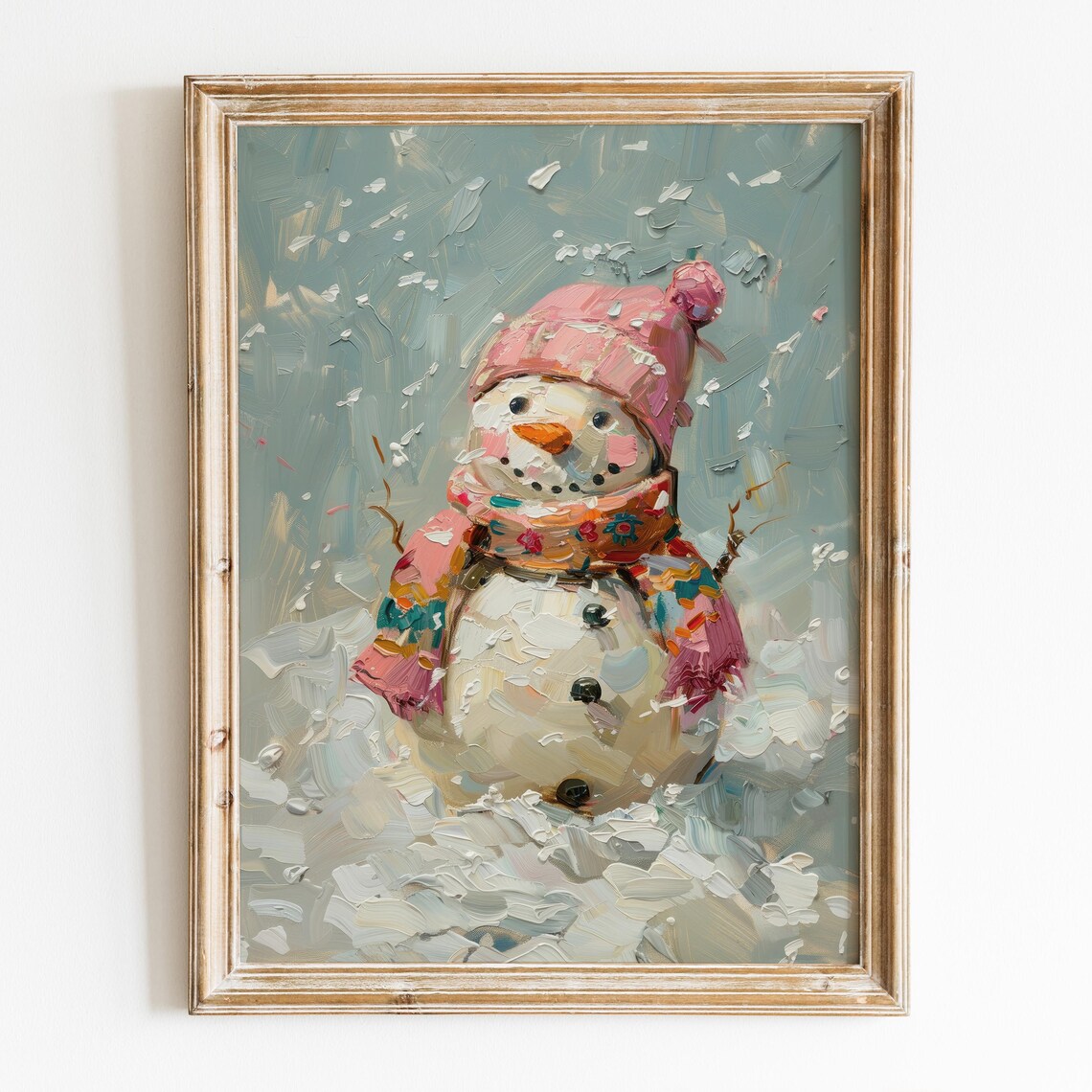 Cheerful Snowman Pink Hat Colorful Scarf Snowy Wall Art Poster - Image 6