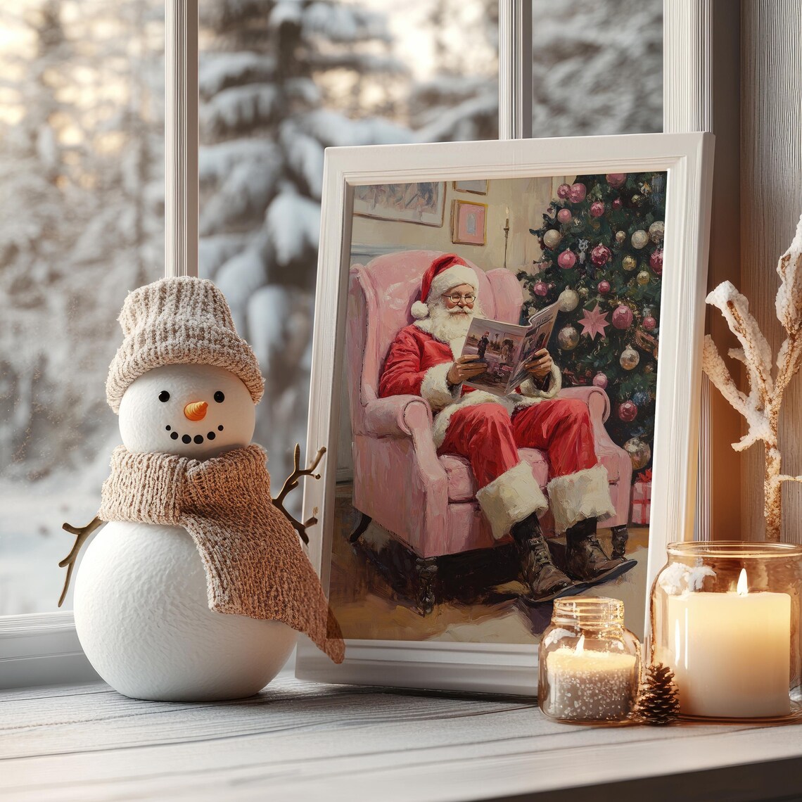 Santa Claus Reading By Christmas Tree Pink Armchair Art Poster - Image 4