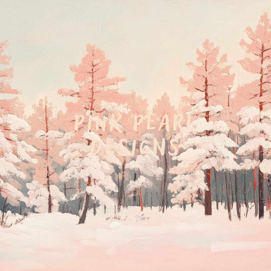 Blush Pink Pine Forest Snowy Winter Landscape Wall Art Poster - Image 2