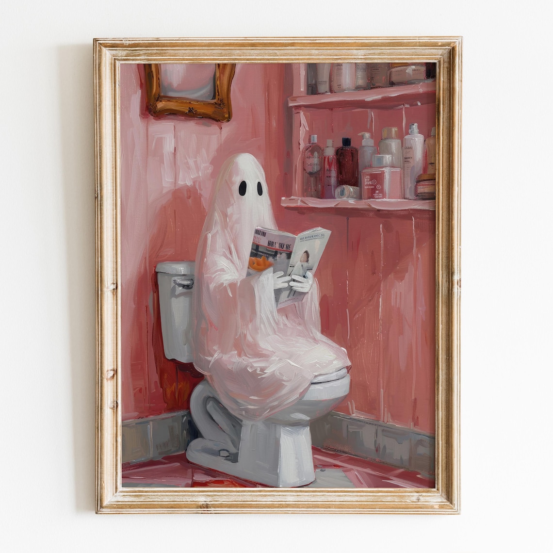 Funny Ghost On Toilet Reading Newspaper Pink Bathroom Halloween Wall Poster
