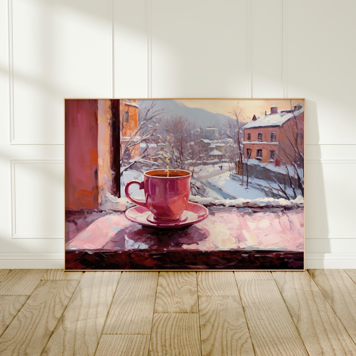 Pink Coffee Cup Snowy Window View Winter Village Morning Art Poster - Image 4