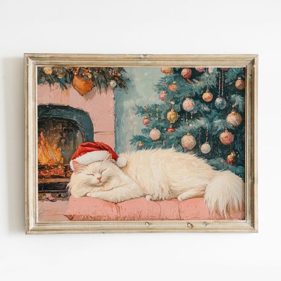 Cat With Santa Hat Christmas Wall Art Preppy Christmas Tree Wall Decor Girly Holiday Print Cute Animal Poster