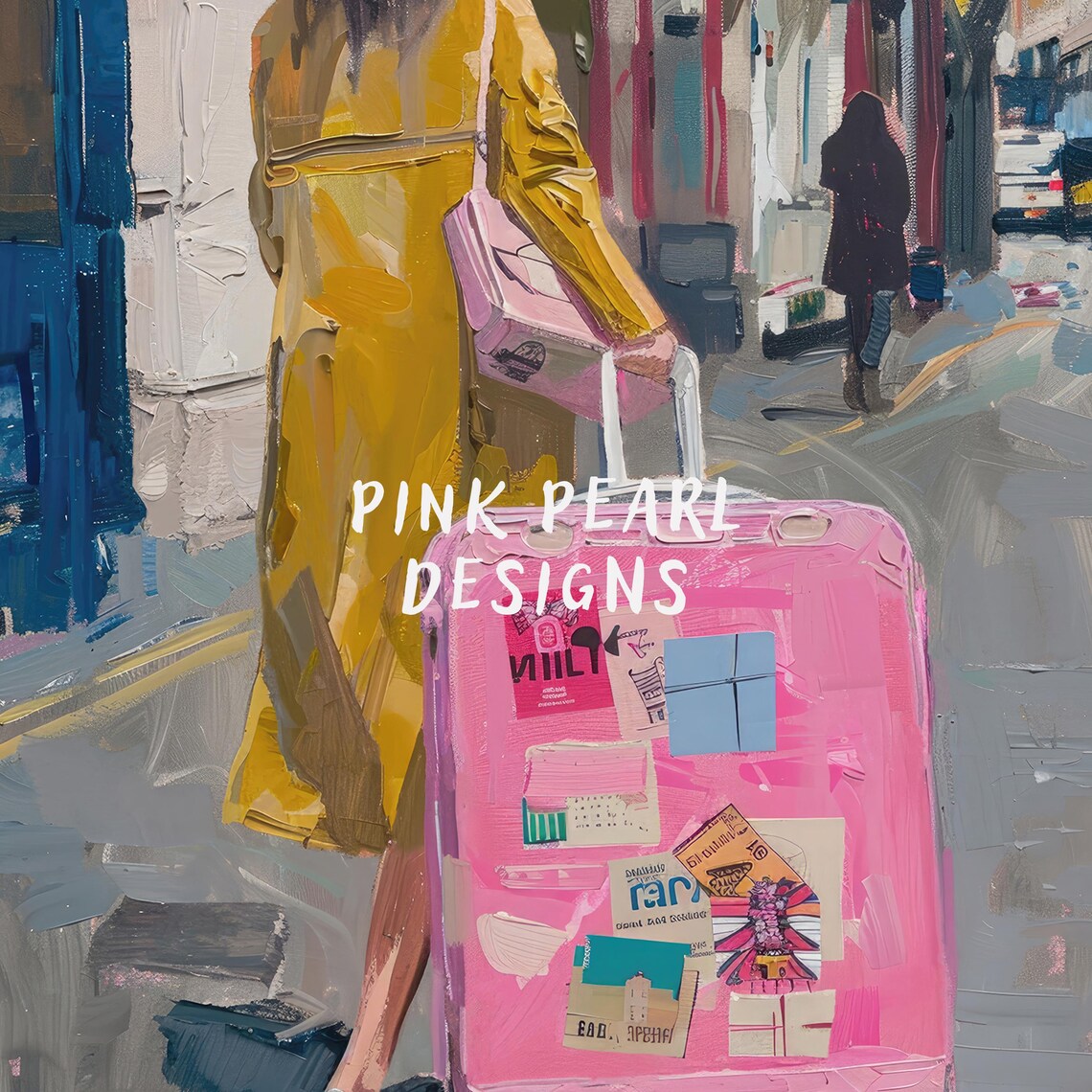 Woman Pink Luggage Travel Stickers City Street Wanderlust Art Poster - Image 6