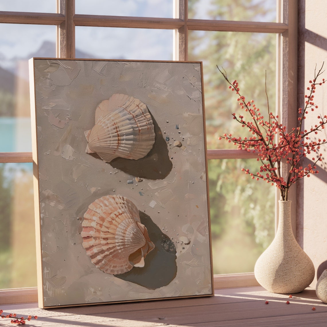 Two Blush Scallop Seashells Sand Coastal Painting Wall Art Print - Image 6