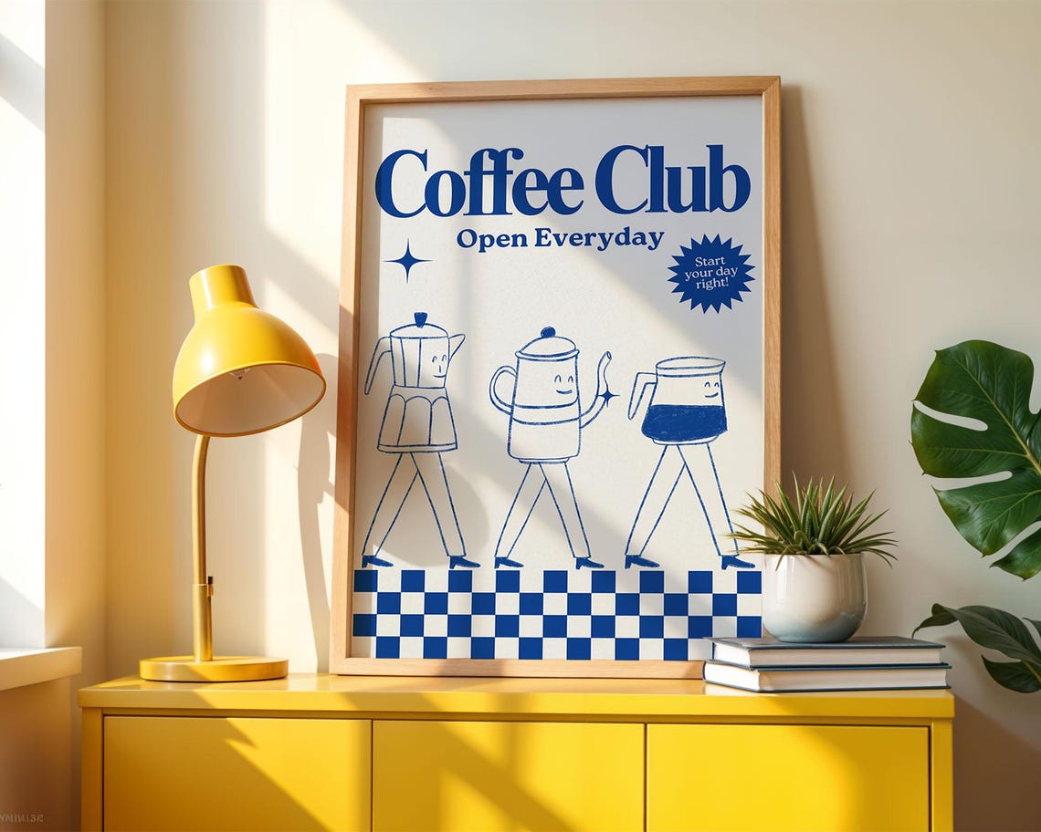 Coffee Club Open Everyday Blue Walking Coffee Pots Retro Poster