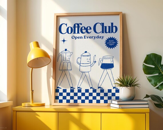 Coffee Club Open Everyday Blue Walking Coffee Pots Retro Poster