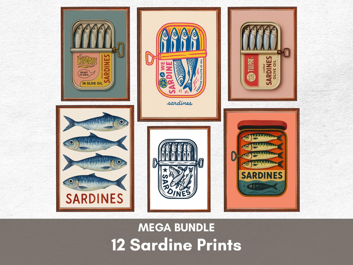 Sardines Retro Kitchen Art Print, Set of 12