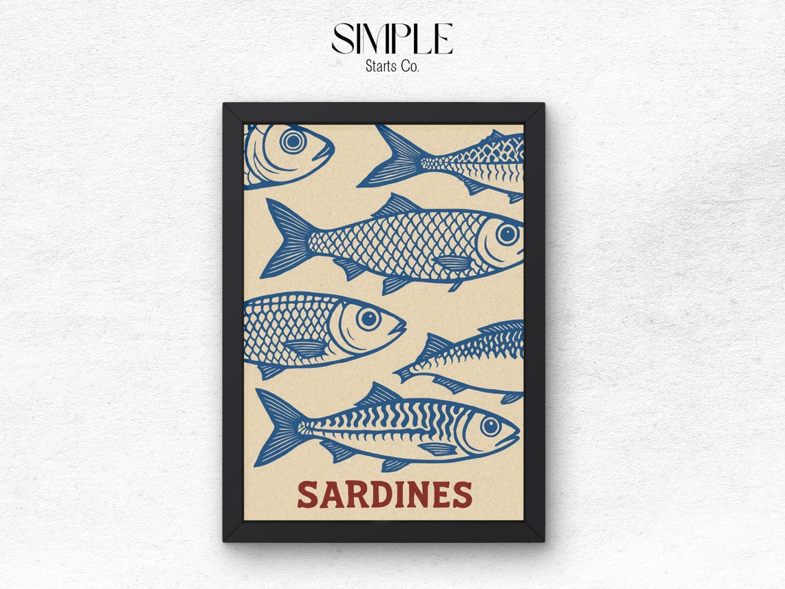 Blue Line Art Sardines Fish Vintage Coastal Kitchen Art Poster