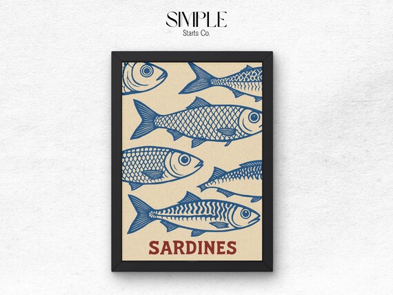 Blue Line Art Sardines Fish Vintage Coastal Kitchen Art Poster