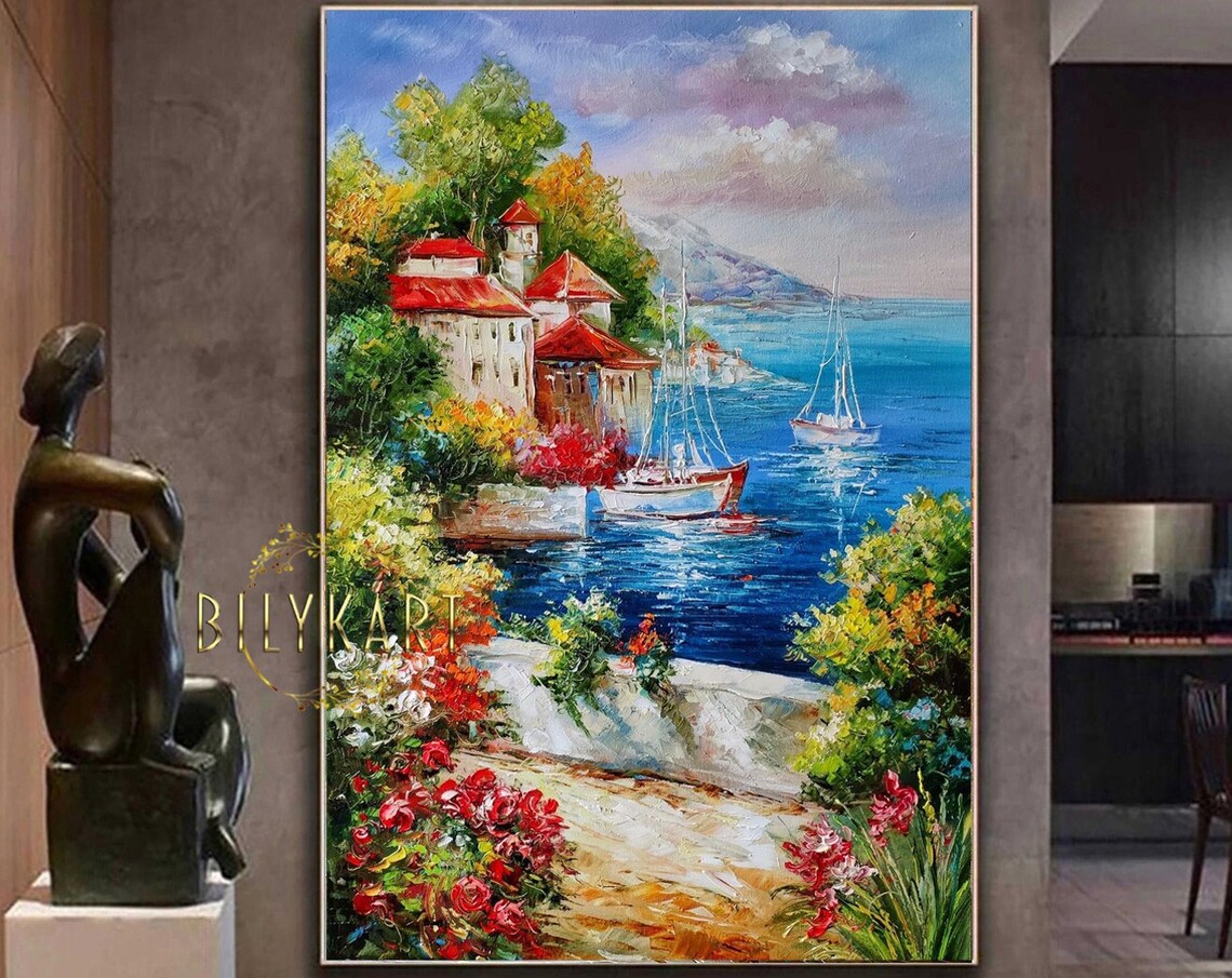 Mediterranean Coast Village Red Roofs Sailboats Floral Seaside Poster