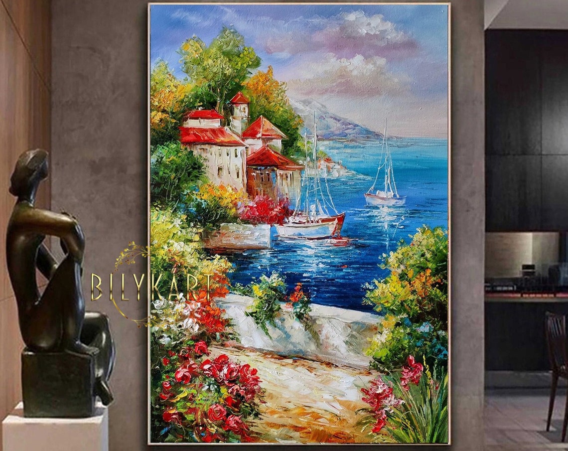 Mediterranean Sea Oil Painting Original Italy Painting Scenery Wall Art Italian Seaside Painting Beautiful Italian Landscape Paintings