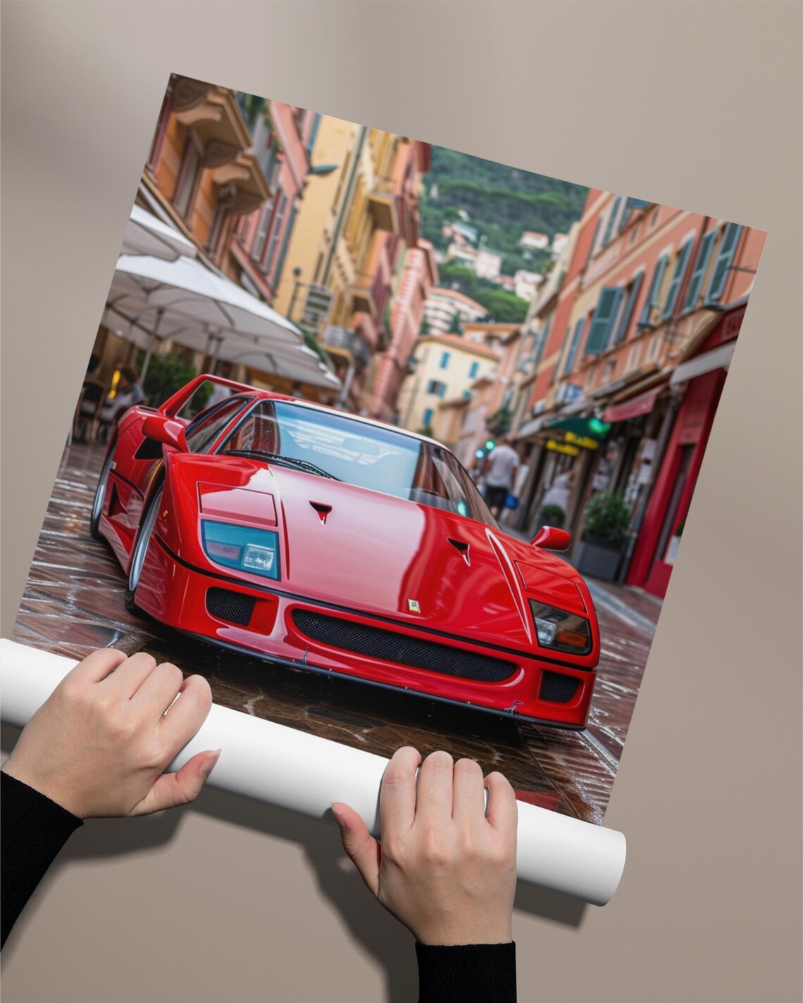 Red Ferrari F40 Classic Supercar Wet Street European City Poster - Image 2