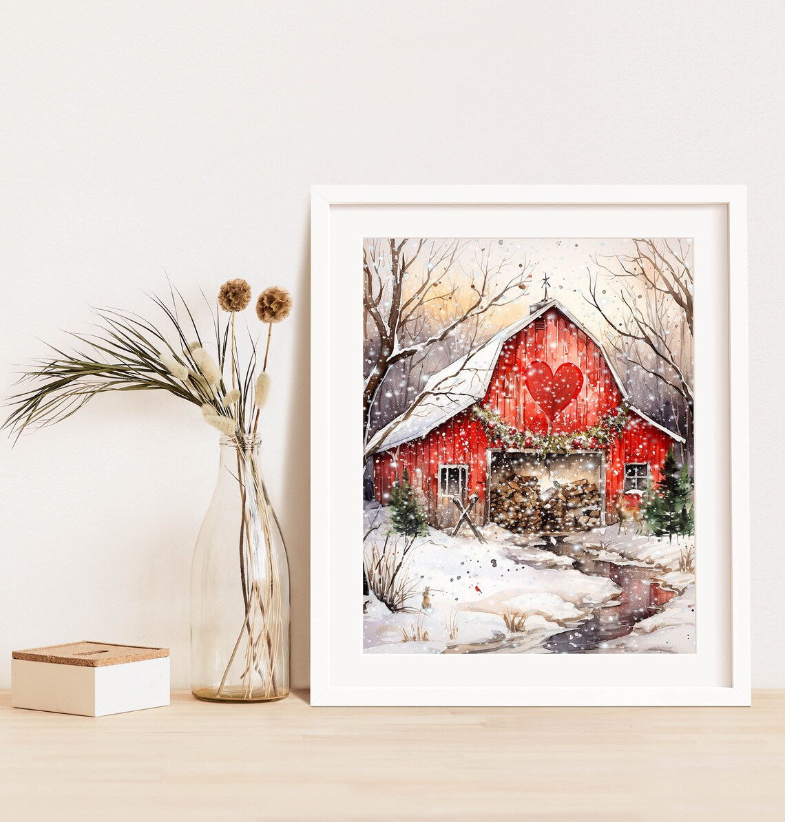 Valentine Red Barn With Heart Winter Woodland Watercolor Poster - Image 9