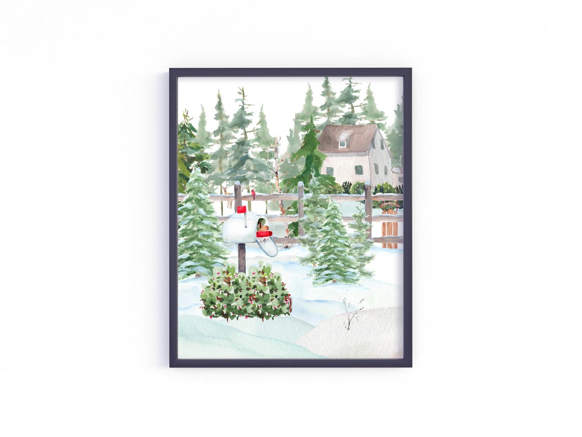Winter Mailbox Wall Art Woodland Landscape Sign 5x7 8x10 85x11 11x14 16x20 Seasonal Watercolor Country Decor Diy Home Decor - Image 7