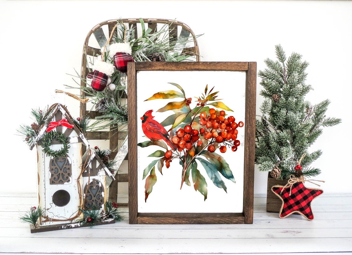 Red Cardinal On Winter Berry Branch Watercolor Bird Wall Art - Image 2