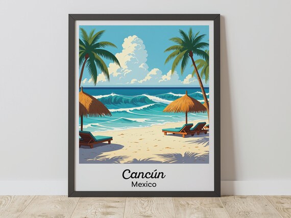 Cancun Mexico Tropical Beach Palapas Palm Trees Travel Poster