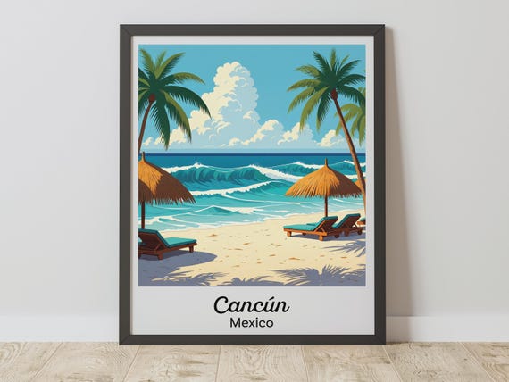 Cancun Print Quintana Roo Wall Art Vintage Mexico Beach Travel Poster Gift
