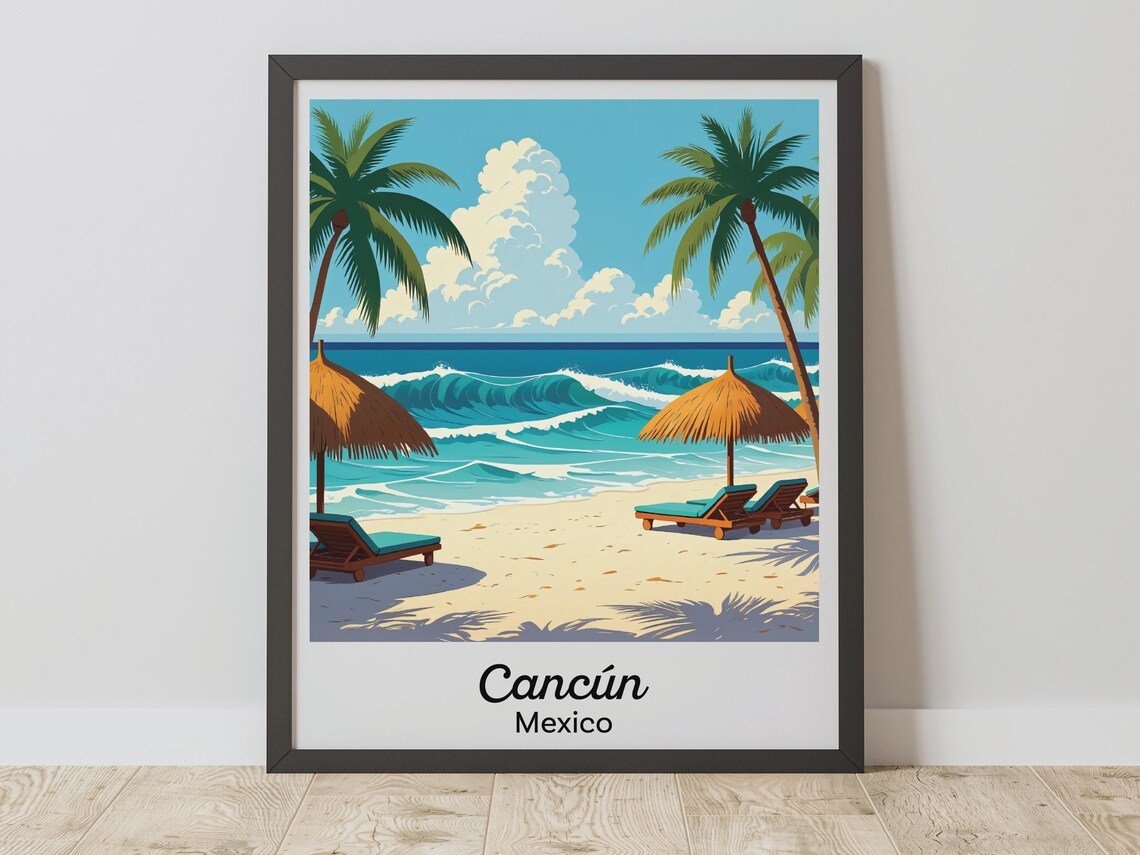 Cancun Mexico Tropical Beach Palapas Palm Trees Travel Poster