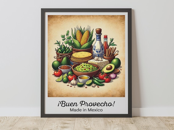 Buen Provecho Mexican Food Illustration Poster Kitchen Wall Decor