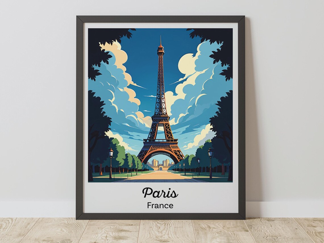 Eiffel Tower Paris France Vintage Travel Illustration Poster