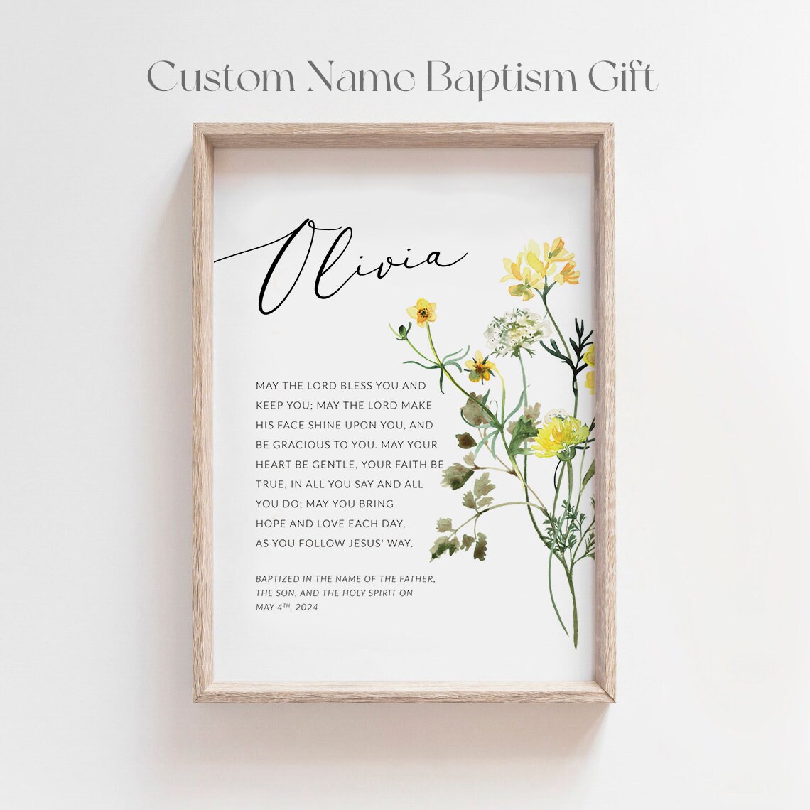 Personalized Baptism Print Custom Name Baby Blessing Wildflower Art - Image 3