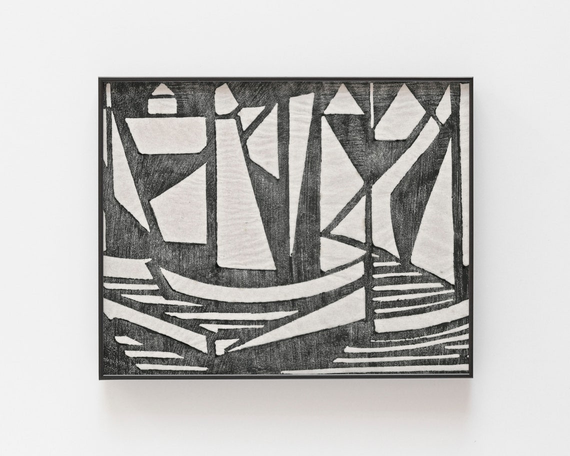 Abstract Beach Linocut Line Art, Vintage Wall Art
