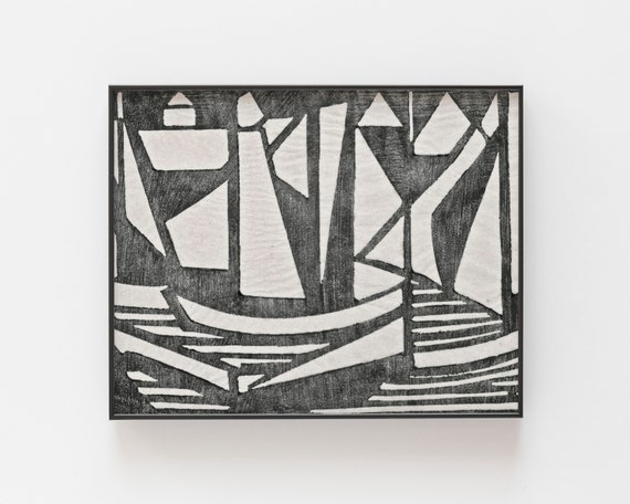 Abstract Beach Linocut Line Art, Vintage Wall Art