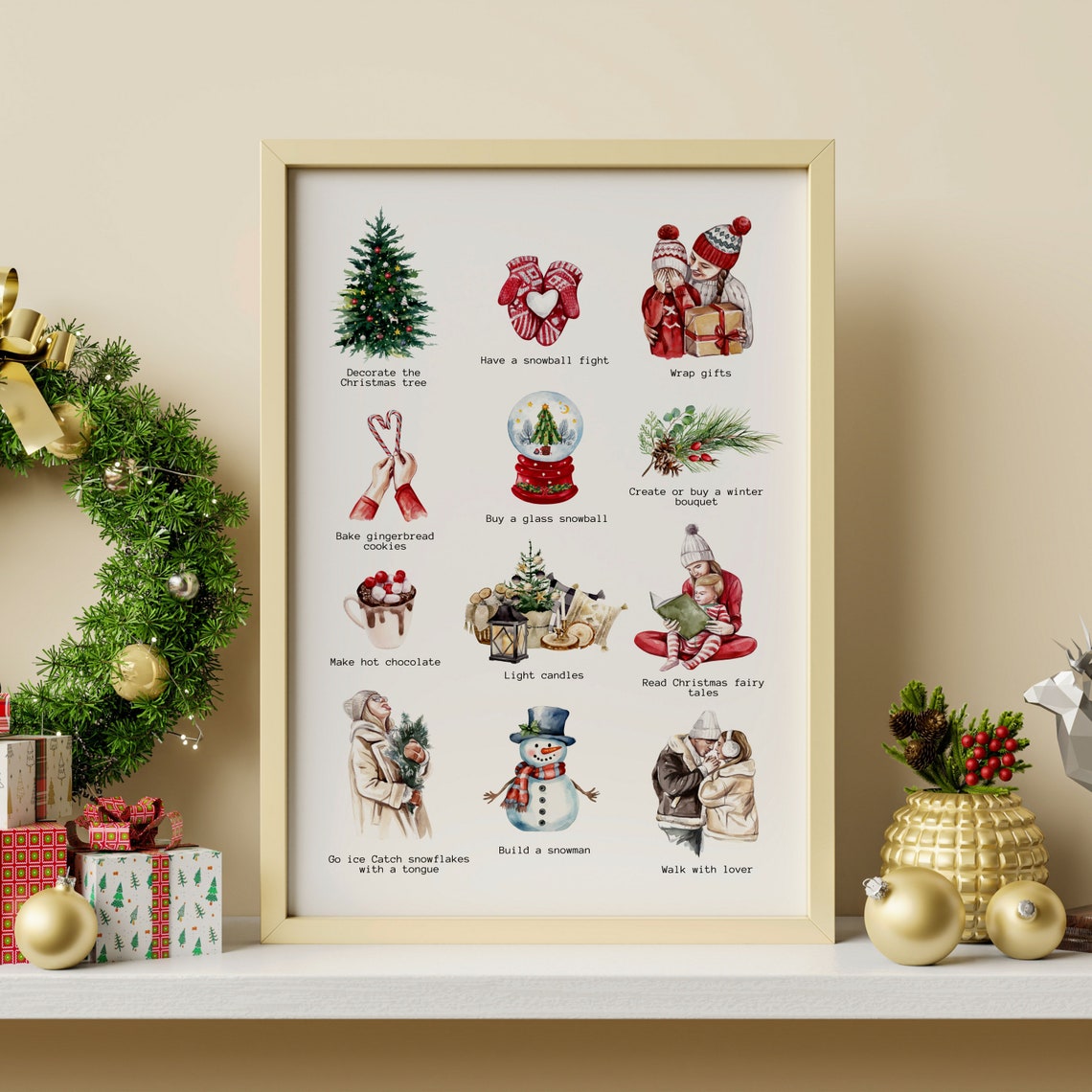 Christmas Bucket List Watercolor Cozy Holiday Activities Poster - Image 3