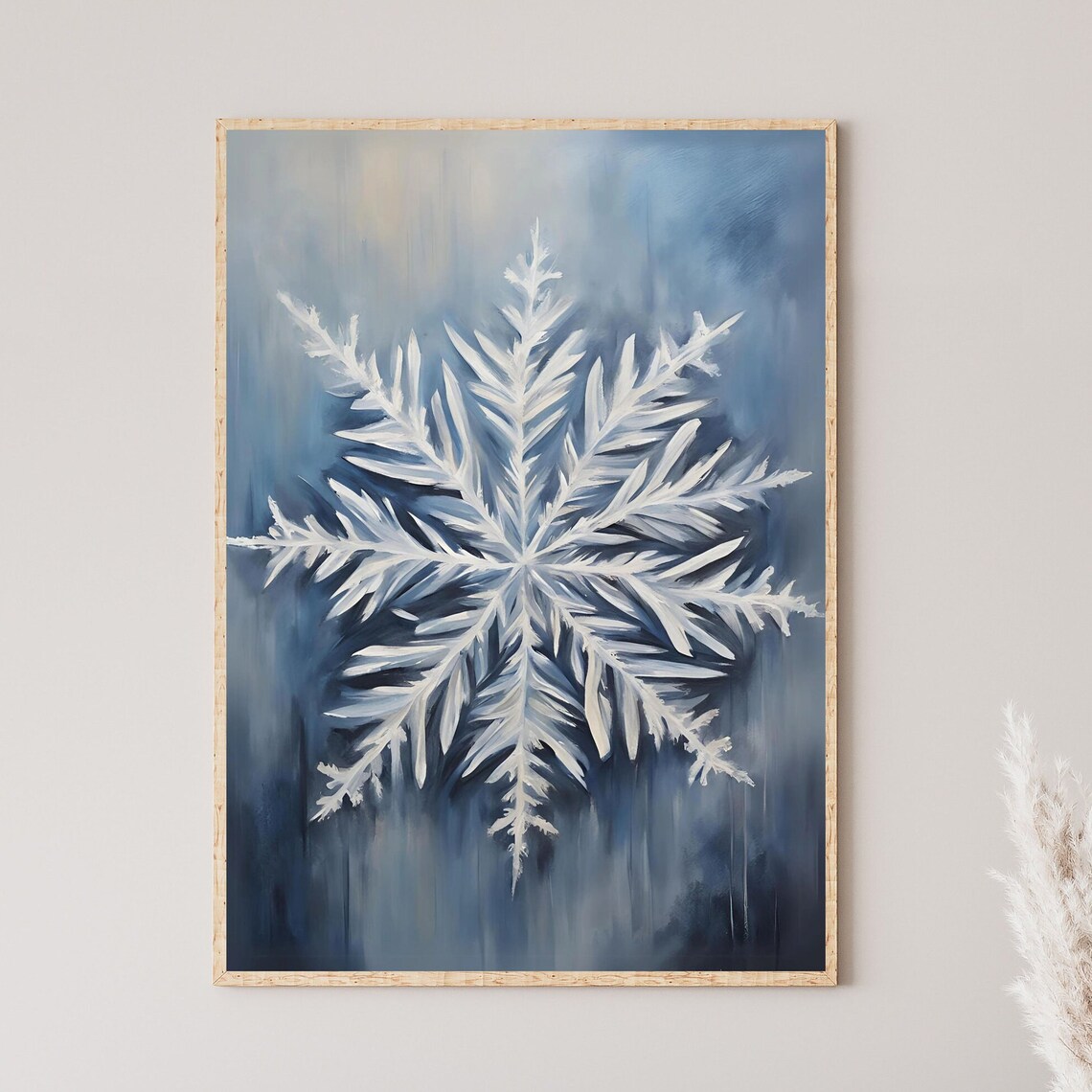Blue Snowflake Oil Painting Winter Wonderland Elegant Wall Art - Image 3