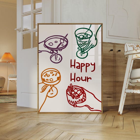 Happy Hour Bar Cart Wall Art Cheers Print Bar Cart Decor Trendy Wall Art Bar Cart Print Retro Kitchen Wall Art Colorful Art Print