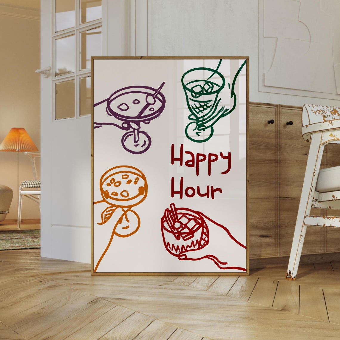 Trendy Happy Hour Colorful Cocktail Hands Cheers Bar Wall Poster